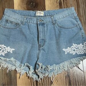 Umgee Light Blue Denim Shorts with White Floral Lace Applique Accents